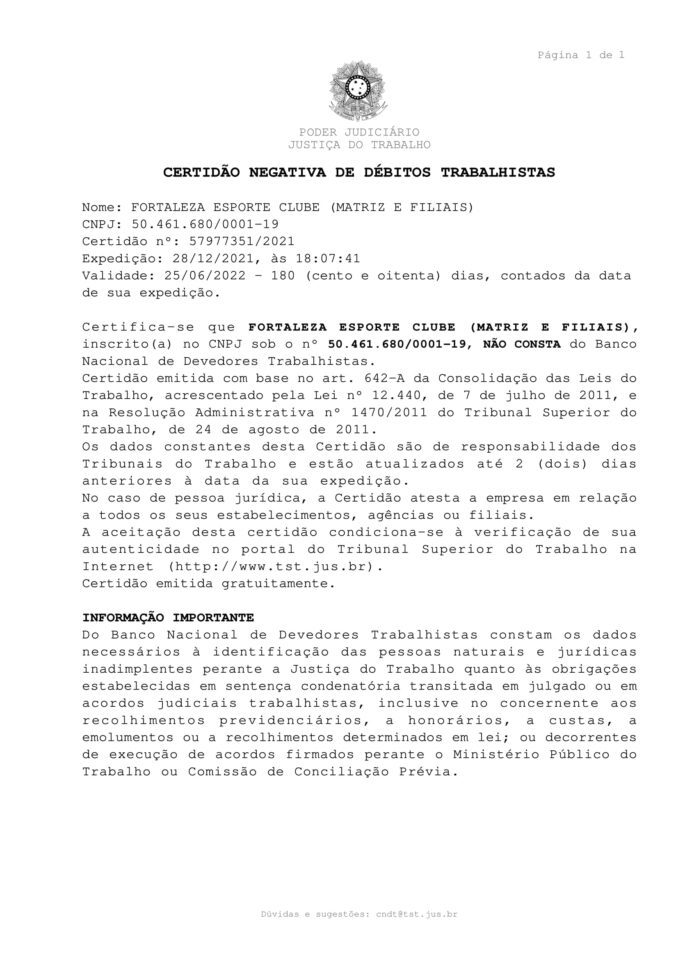Certidão negativa emitida pelo Fortaleza